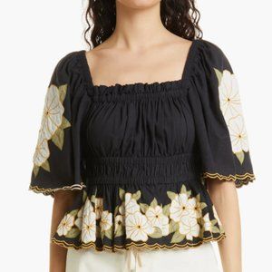 The Wanderlust Smocked Top - Black Hawaiian Floral Applique  size 2 = m